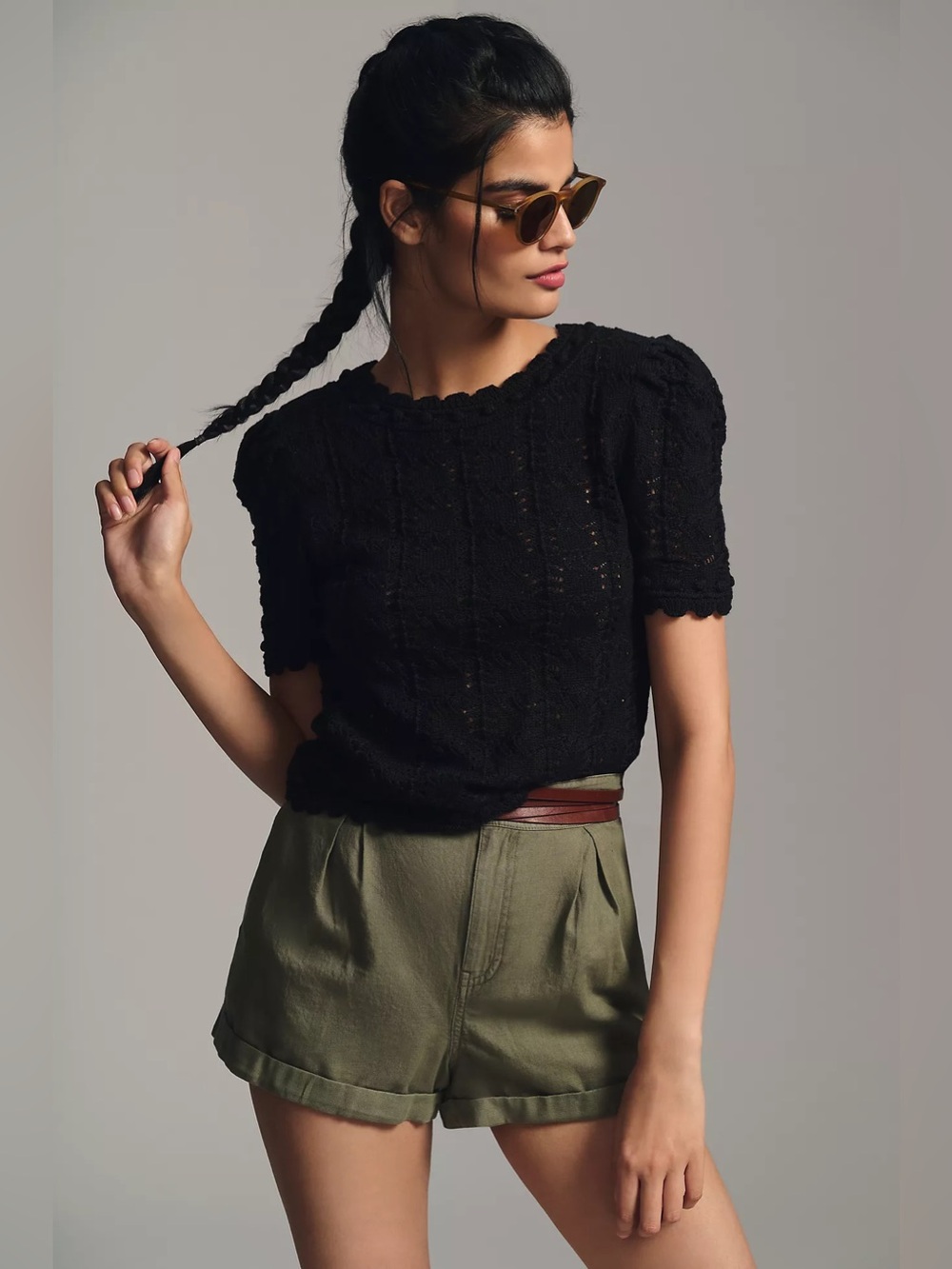By Anthropologie Black Lace Knit Short-Sleeve Top